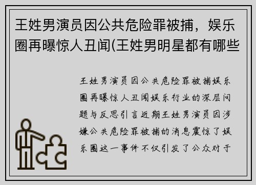 王姓男演员因公共危险罪被捕，娱乐圈再曝惊人丑闻(王姓男明星都有哪些)